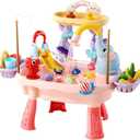 2027 Upgraded 4-in-1 Sand Water Table for Toddlers 1-3, Kids Sensory Table with Electric Water Pump & Elephant Faucet, Play Kitchen Sink with Food Accessories, Fishing Toy (Pink)