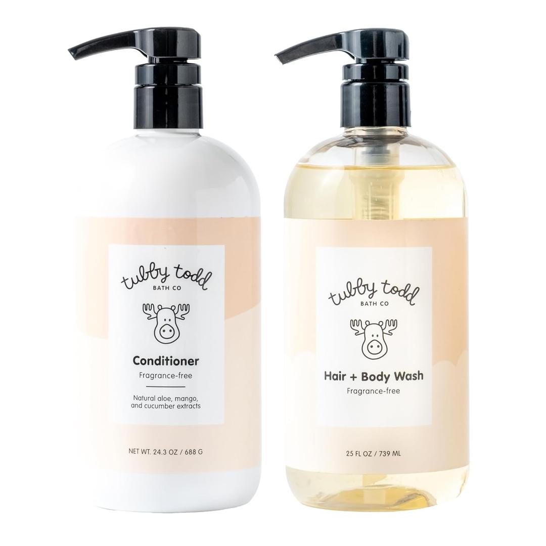 TUBBY TODD Hair Duo - Baby Shampoo and Conditioner Set - Gentle & Moisturizing Hair Care - Hypoallergenic, Non-Irritating - For Newborns, Toddlers & Kids - 25 Fl Oz & 24.3 Fl Oz - Fragrance-Free (24.65 Ounce (Pack of 2))