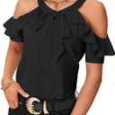 Rooscier Women's Cold Shoulder Tie Knot Round Neck Short Sleeve Ruffle Blouses Shirts Top (XS, Black)