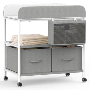 Baby Changing Table, Portable Diaper Changing Station, Changing Table with Wheels, Waterproof Changing Pad, Removable Storage Baskets & Safety Belt, Mobile Nursery Organizer for Newborns