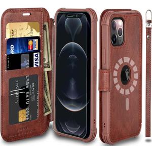 VANAVAGY Compatible for iPhone 13 Pro Wallet Case for Magsafe Wireless Charging, PU Leather Flip Folio Phone Case with Wrist Strap RFID Blocking Card Holder Screen Protector,Brown