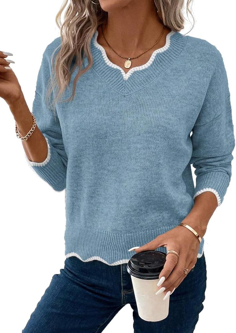Womens V Neck Pullover Sweaters Long Sleeve Scallop Trim Knit Tops Loosed Fit 2026 Fall Outfits (Medium, Blue)