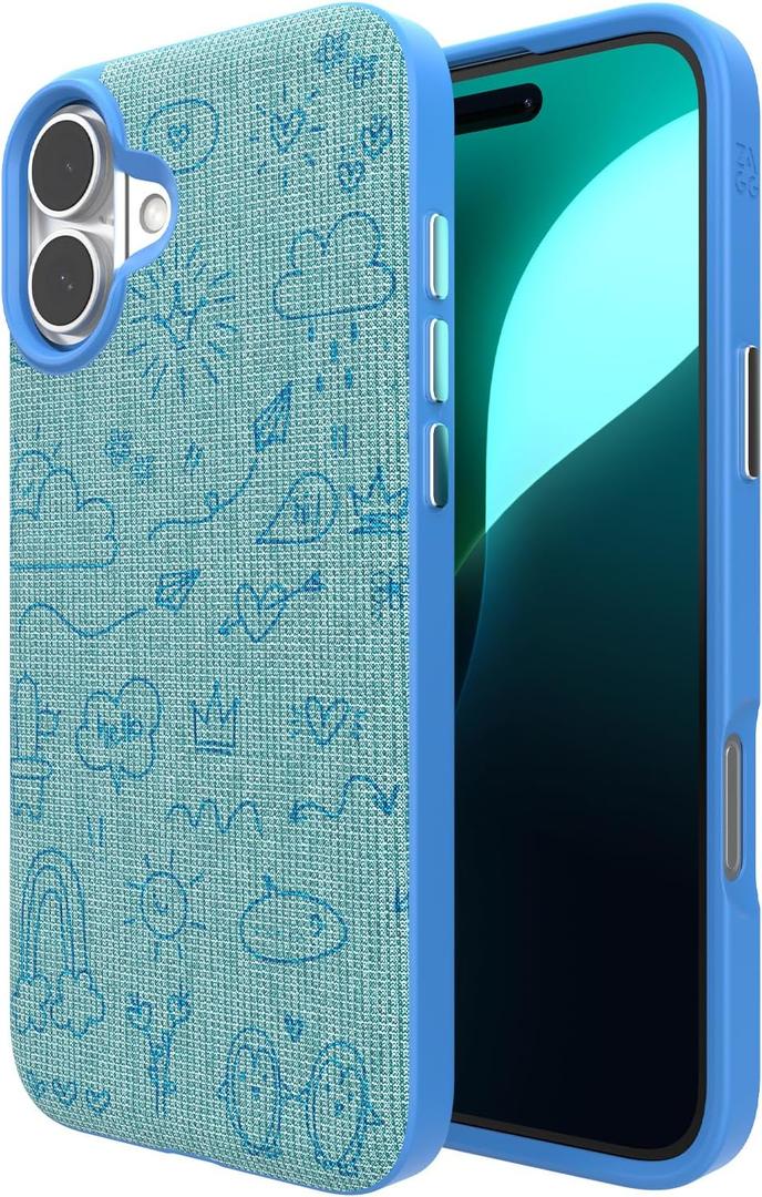 ZAGG London Snap Case for iPhone 16 Plus - Embroidered Doodle Fabric Design, MagSafe Compatible, 13ft Drop Protection with Graphene, Slim & Lightweight, Wireless Charging Compatible, Blue