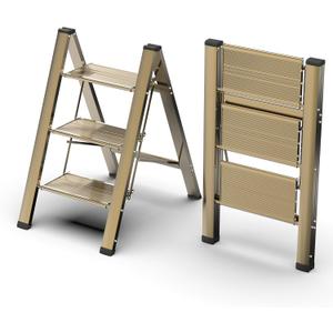 FlyGeneral 3 Step Ladder, Folding Ladder Stool, Gold, Wider Upgraded Non Slip Treads, Portable Lightweight Ladder for Home and Kitchen, Holds up to 330 Lbs.
