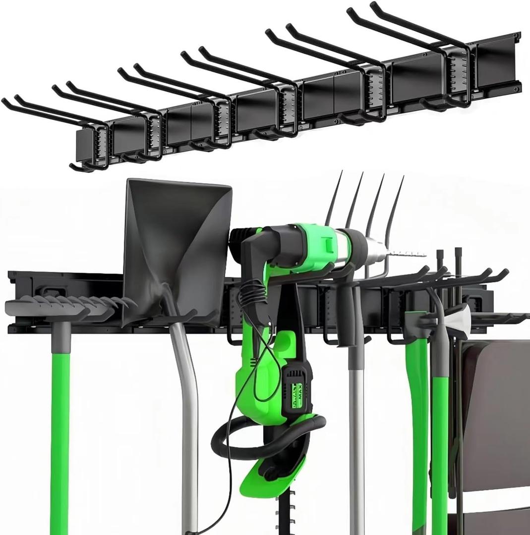 Garage Organization, Garage Tool Organizer Wall Mount 48 Inches, Adjustable Metal Tools Hooks, Yard Shed Rack, Tool Holder for Hanging Rake Broom Mop Snowboard, New Home Gift