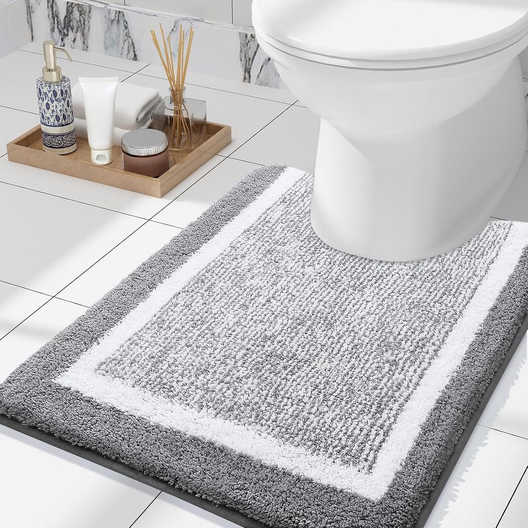 OLANLY Toilet Rugs U-Shaped 24x20, Extra Soft and Absorbent Microfiber Bathroom Rugs, Non-Slip, Machine Wash Dry, Plush Shaggy Contour Bath Mats for Toilet Base (Grey and White) (24" x 20" Contour Rug)