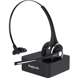 Trucker Bluetooth Angteela Headset with Microphone, Wireless Cell Phone Headset with Noise Canceling Mic Charging Base Mute Function for Home Office Call Center Skype