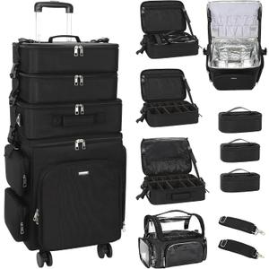 Relavel Rolling Makeup Case, 4 in 1 Hairstylist Traveling Bag with Clear Makeup Brush Case, Cosmetology Case on Wheels Large Hair Tools Cosmetics Train Case Makeup Artist Storage Organizer Trolley