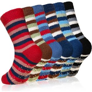 Eyean Kids Fuzzy Socks Non Slip Soft Fluffy Slipper Grips Socks Warm Plush Cozy Cabin Boy Girls Crew Socks 6 Pairs (8-12 Years, Colorful Stripes)