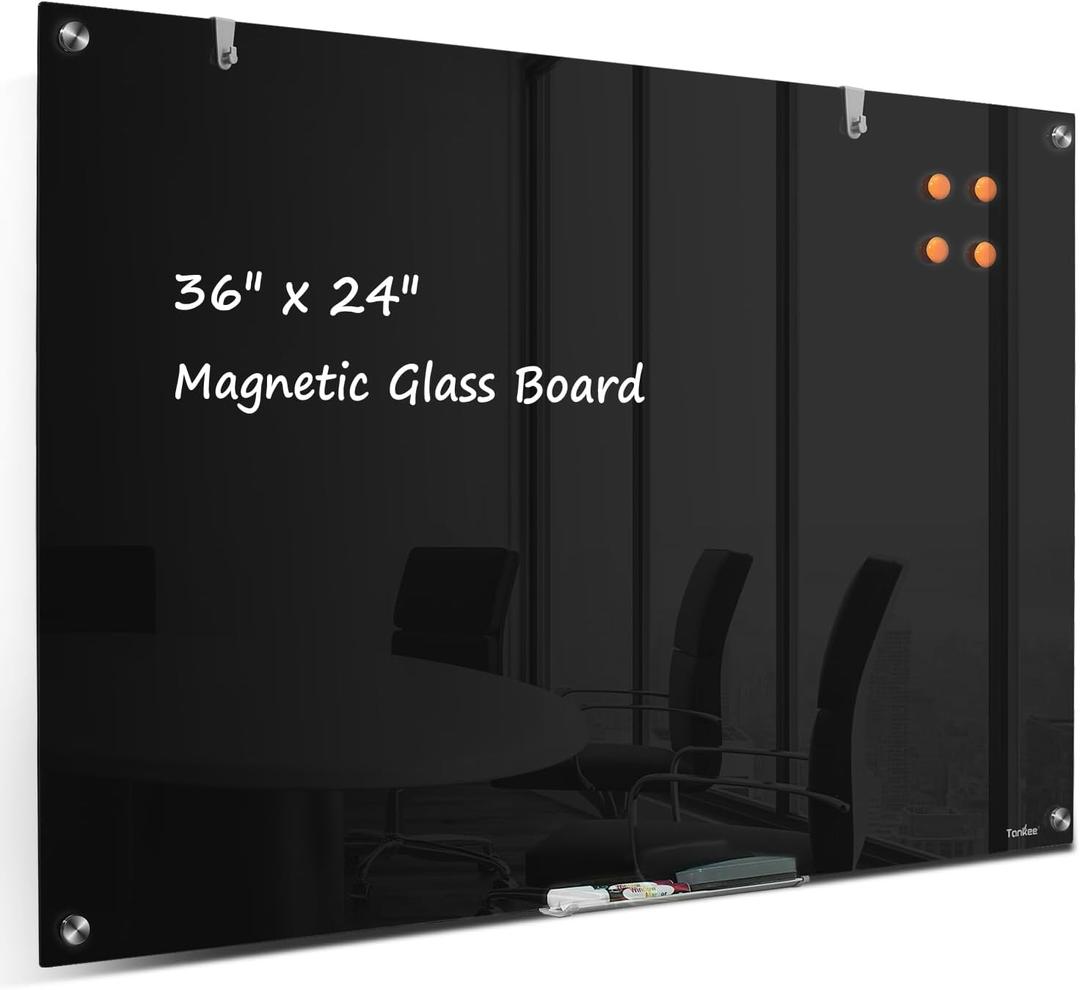 Dry Erase Board Black Magnetic Glass Whiteboard, TANKEE Modern Large Frameless Tempered Glass White Board for Wall, Office, School, Home, 36 x 24, 3' x 2' White Board