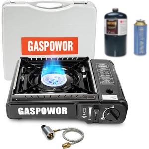 Dual Fuel Camp Stove with Windblocker, Propane or Butane Stove10000 BTU With Propane Adapter Hose and Carrying Case Propane Stove for Camping,Gas Portable Stove for Huting, HikingFuel not included