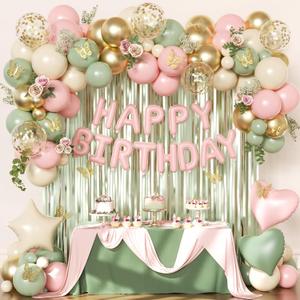 Pink and Green Birthday Decorations for Women Girls, Sage Green Pink Sand White Gold Foil Confetti Balloons Happy birthday Banner Gold Butterfly Fringe Curtains Birthday Decorations