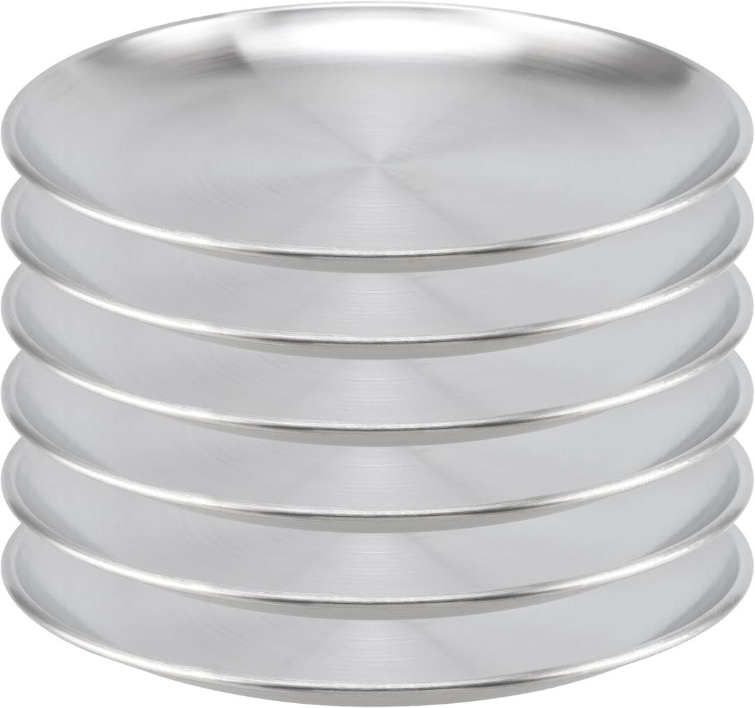 MUKCHAP 6PCS 11.81 Inch Stainless Steel Plates, Silver Flat Metal Dishes, Camping Serving Dinner Plats for Snack, BBQ