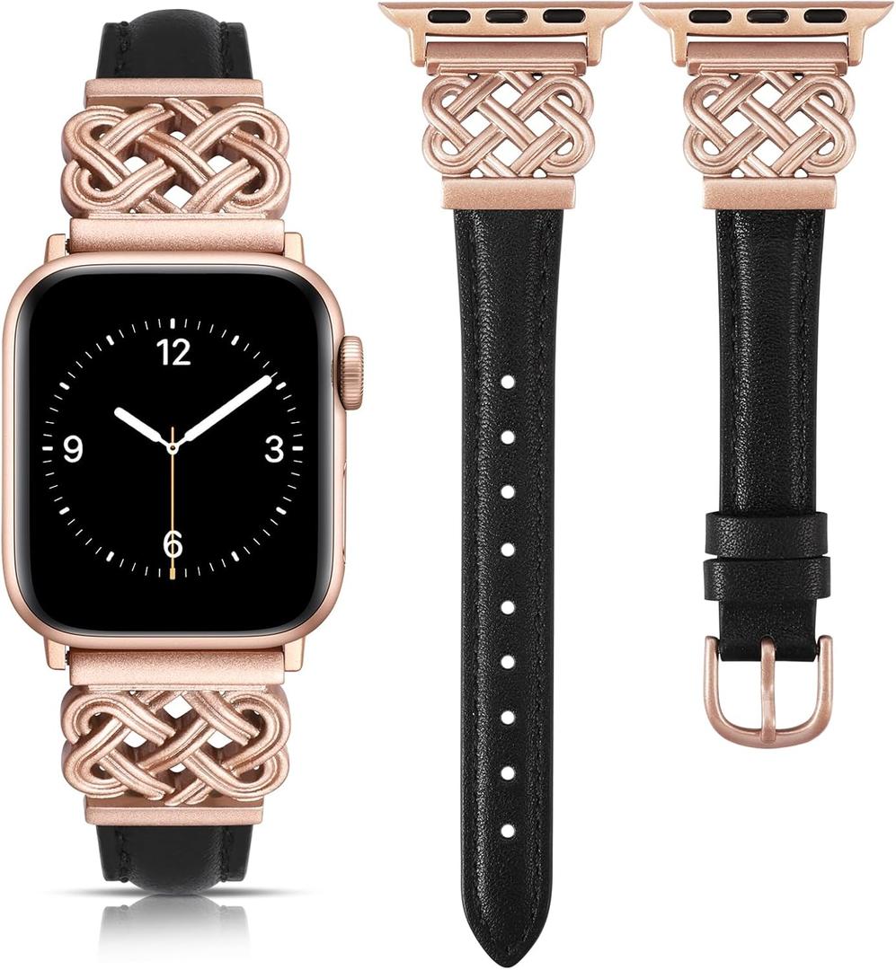 TOYOUTHS Leather Band Compatible with Apple Watch Bands Women 42/44/45/46/49mm Dressy Slim Thin Strap with Designer Interlock Buckle for iWatch Series 10/9/Ultra/SE/8/7/6/5/4/3/2/1, Black+Rose Pink, Size: 49/46/45/44/42mm(Series 1-3)