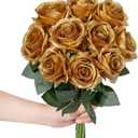 LFF 10Pcs Metallic Gold Roses Artificial Flowers, Faux Silk Roses with 21.2" Long Stems & 2.36" Large Blooms, Lifelike Fake Roses for DIY Wedding Bouquet Home Party Vase Filler Table Centerpiece Decor