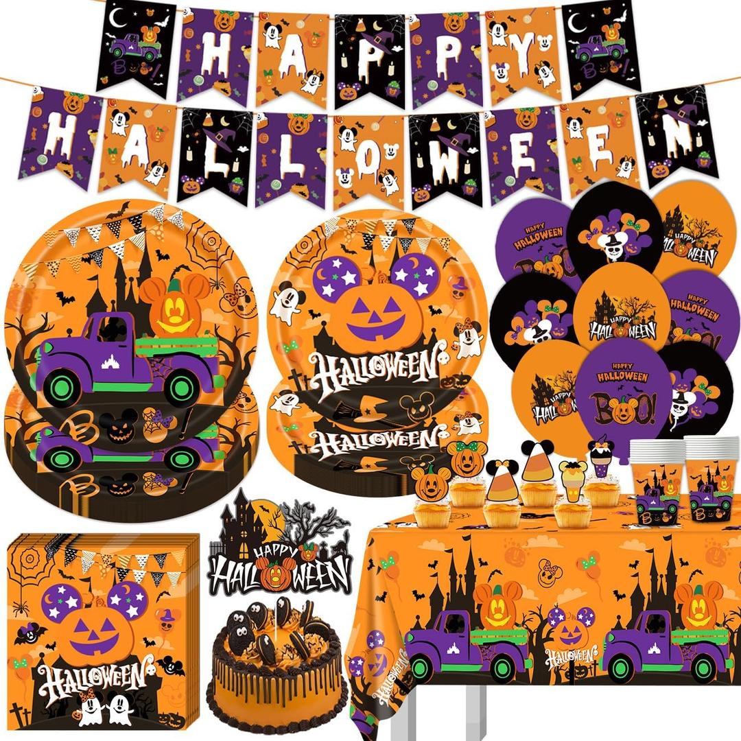 104Pcs Mouse Halloween Decorations, Happy Halloween Party Supplies Set Include Banner, Balloons, Tablecloth, Plates, Napkins, Cake Toppers and Cupcake Toppers for Horror Birthday Party Decorations
