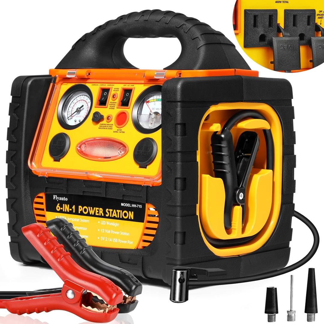 6 in 1 Jump Starter with Air Compressor 260 PSI Tire Inflator,Upgraded 1800A Peak 12V Portable Car Battery Jump Starter,400 Watt Inverter Power Station with AC/DC/USB Outlets (8.5L Gas/6L Diesel)