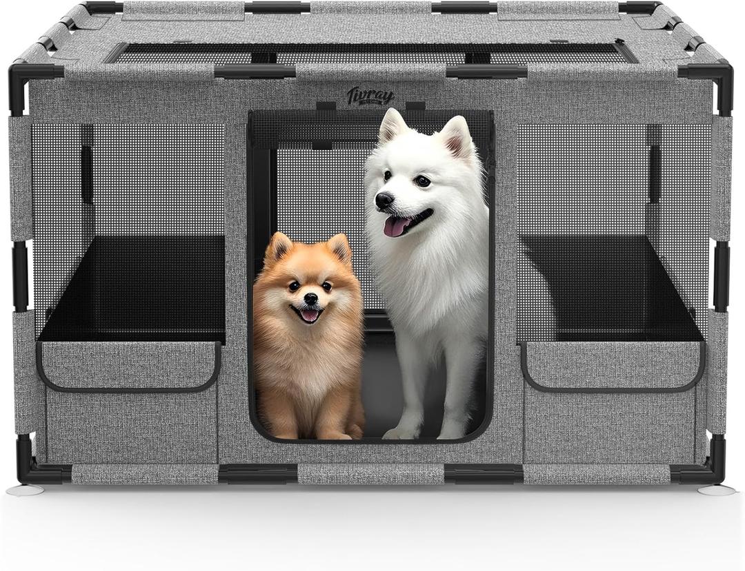 Dog Playpen, 43x43x26 Inches Puppy Playpen Portable with Top Cover, Thickened Fabric Tear Resistant Waterproof Bottom with Breathable Mesh Dog Fence for Indoor and Outdoor, Gray