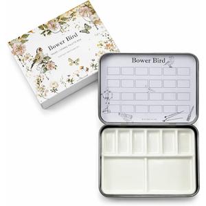 Bower Bird Travel Watercolor Palette,Portable Ceramic Palette 6 Well,Empty Paint Palette,Small Travel Metal Paint Boxwith Porcelain Palette (6Well)
