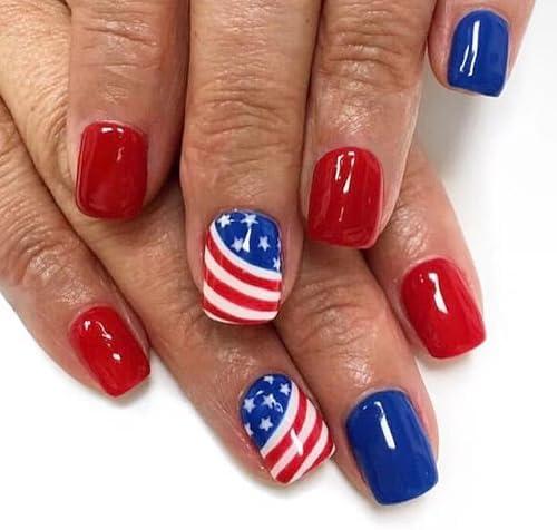 Independence Day Press on Nails Short Square Fake Nails with American Flag Designs 4th of July Nails Press ons Glossy Glue on Nails Blue False Nails Red Acrylic Nails Stick on Nails for Women 24Pcs Set of 4