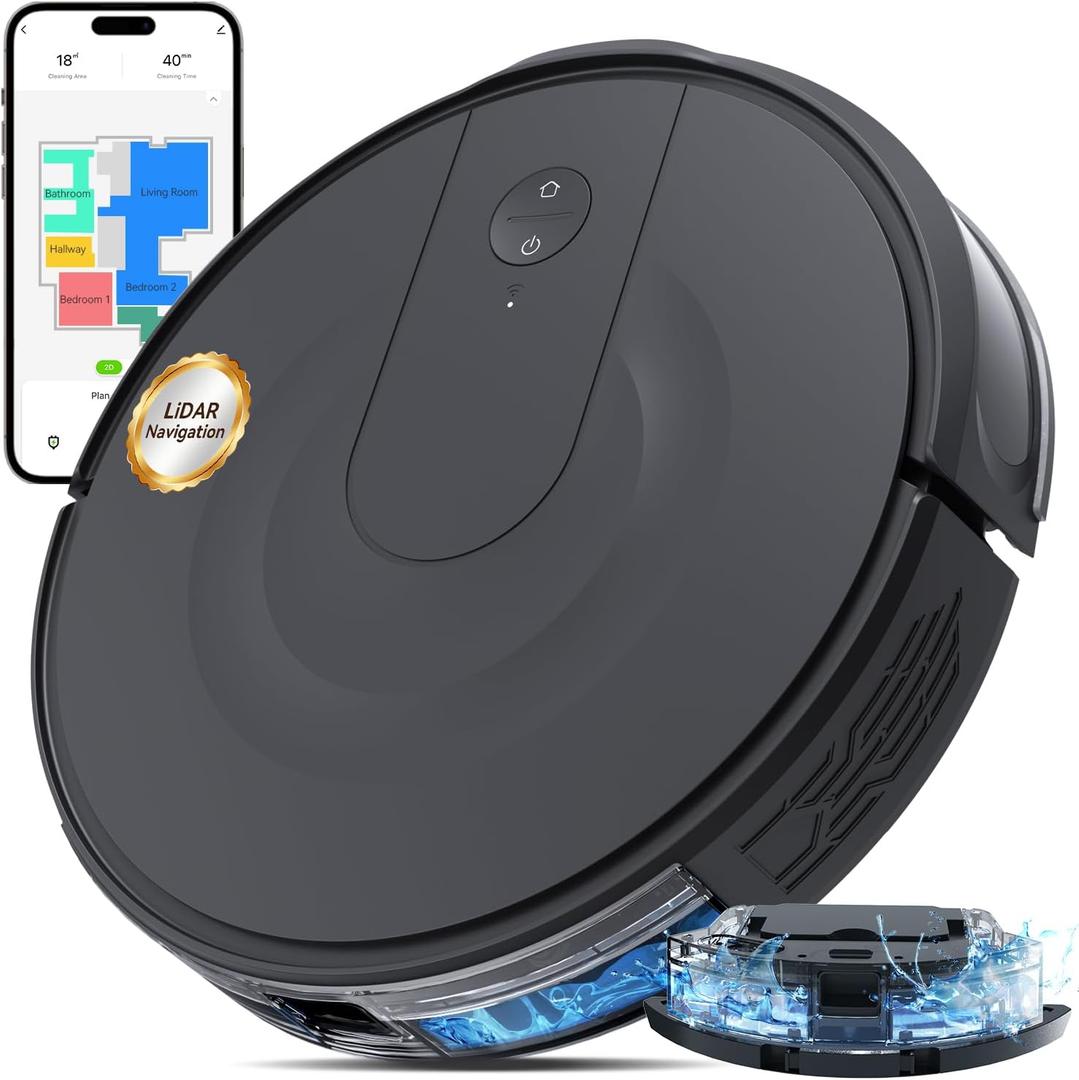 Robot Vacuum and Mop Combo, LiDAR Navigation, 9000Pa Suction Robotic Vacuum Cleaner  Ultra Slim Design, 200 Min Runtime, Auto Recharge, Customizable Cleaning for Pet Hair, Hard Floors (Light Black)