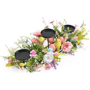 22" Easter Centerpieces for Tables and Fireplaces with 3 Candle Trays, Artificial Easter Egg Candle Holder Decorations with Colorful Spring Flowers & Branches & Green Leaves