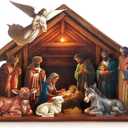 Thyle Wooden Nativity Figurine Set Christmas Birth of Jesus Story Nativity Scene Statue Table Sign Xmas Santa Religious Christian Easter Baptism First Communion Church Gift Indoor Home Decor