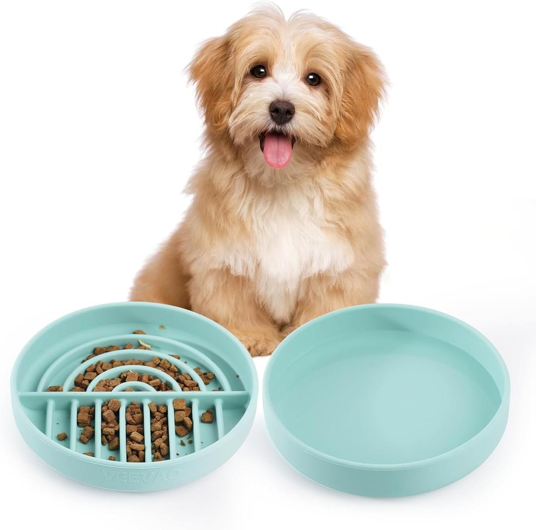 Slow Feeder Dog Bowls Set for Small Dogs & Cats, Portable Non-Slip Silicone Food & Water Bowls, Promotes Healthy Digestion, Dishwasher & Microwave Safe, 1.4 & 2 Cups, Ocean Wave