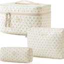 HBselect Quilted Makeup Bag, 3PCS Cotton Large Travel Makeup Bag, Cute Floral Coquette Make up Bag Cosmetic Bag Toiletry Bag for Women Girls