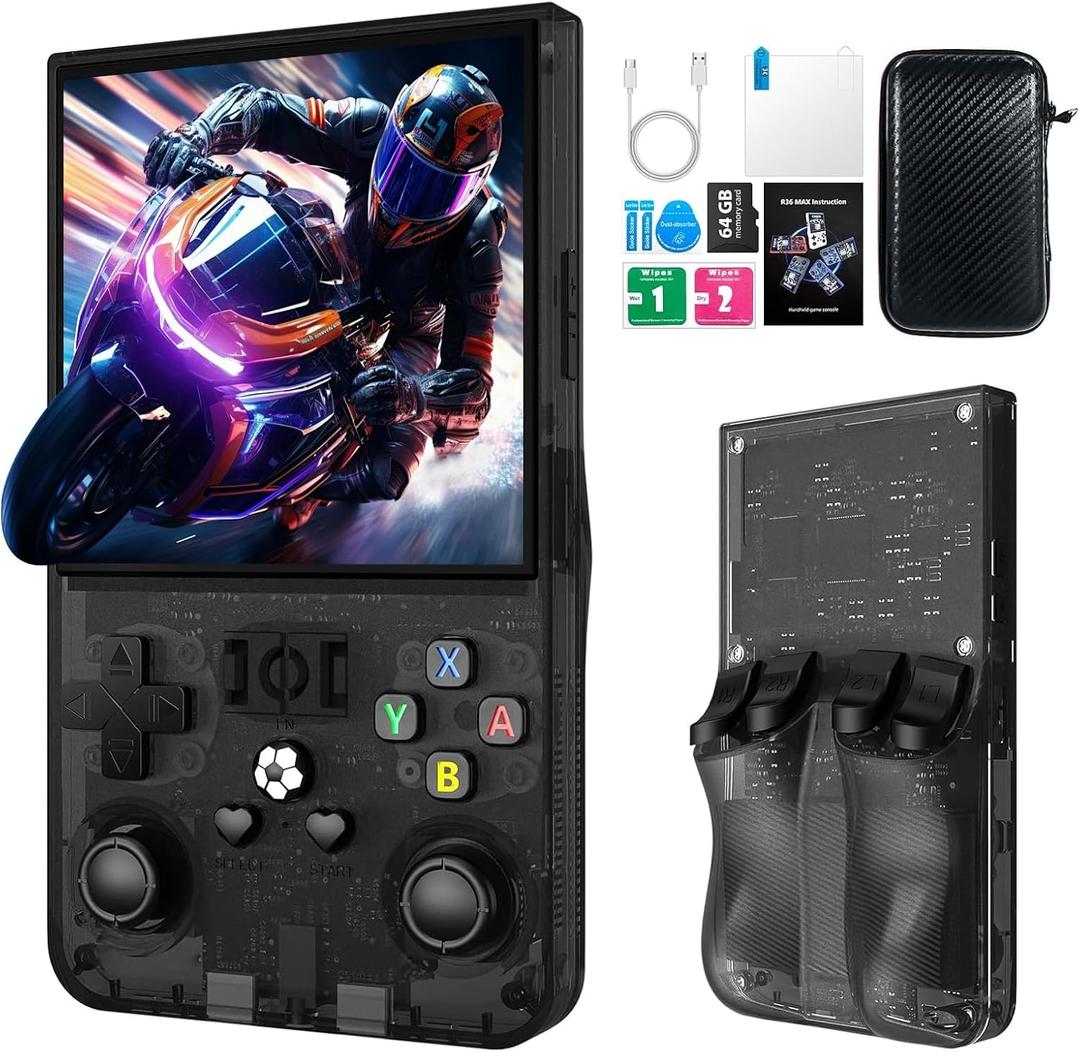 R36MAX Retro Handheld Game Console, 4.0 Inch IPS HD Screen Retro Gaming Console, Linux System, 30Emulator Games Retro Game Console, 4000mAh Battery, Built-in 64G TF Card, Black