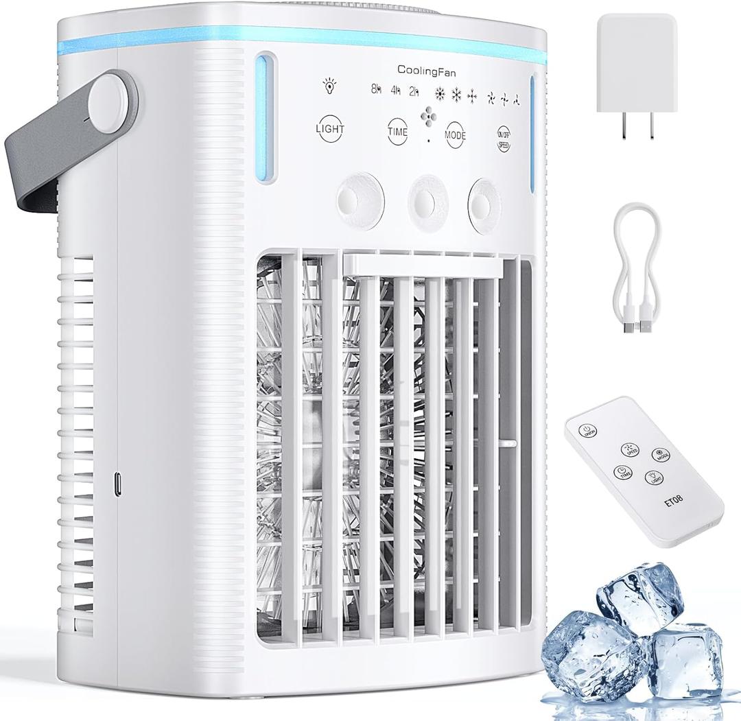 Portable Air Conditioners,3-Speed Small AC Fan, Portable Air Cooler with Remote,Timer function,7-Color Night light,3-Level Mist modes for Bedroom,Office,Room,Camping.
