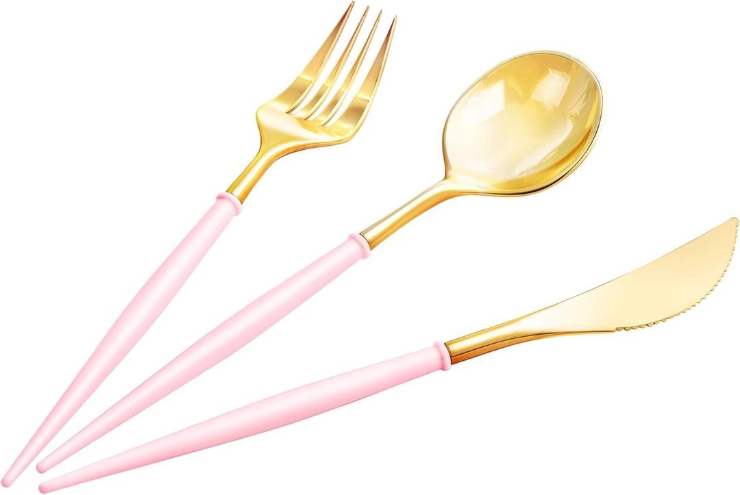 Lullaby 150PCS Gold Plastic Silverware - Disposable Flatware with Pink Handle, Includes 50 Knives, 50 Forks, 50 Spoons, Utensils Plastic disposable for Wedding, Party and Mother's Day