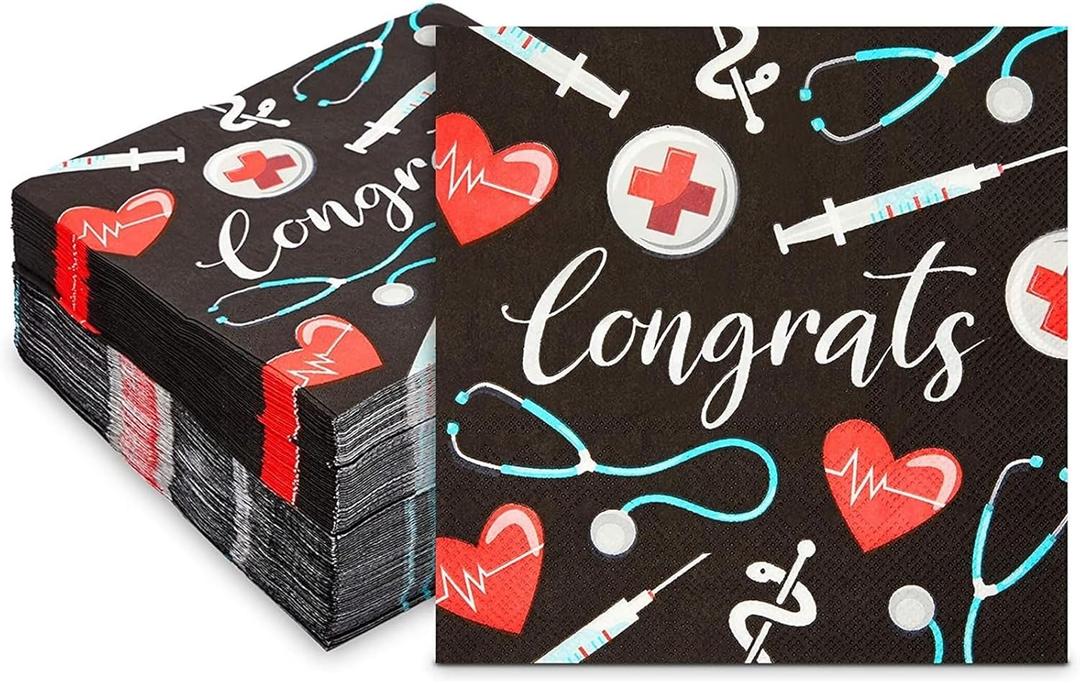 100 Pack Nurse Graduation Napkins, 6.5 inch Cocktail Napkin for Congrats Party Decorations, Festive Accessories for Special Celebrations, Nursing Themed Events and Picnics