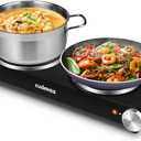 Cusimax Hot Plate for Cooking 1800W Portable Electric Double Burner Countertop Cooktop Cast Iron Stove Heating Plate with 7 Power Levels Adjustable Temp Control, Compatible for All Cookwares (Black)