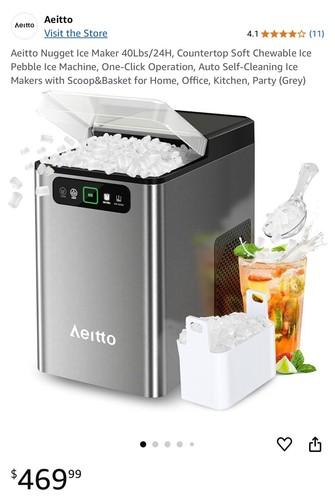 Aeitto Nugget Ice Maker 40Lbs/24H, Countertop Soft Chewable Ice Pebble Ice Machine, One-Click Operation, Auto Self-Cleaning Ice Makers with Scoop&Basket for Home, Office, Kitchen, Party (Grey)