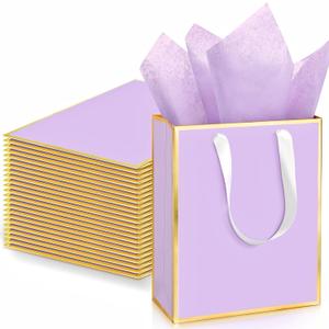 Yeaqee 24 Pack Metallic Paper Gift Bags with Handle and Tissue 9x7x3.1 Gold Foil Welcome Thank You Favor Bags Return Gifts for Wedding St. Patrick's 5 Senses Bridesmaid Birthday(Lavender, Gold)