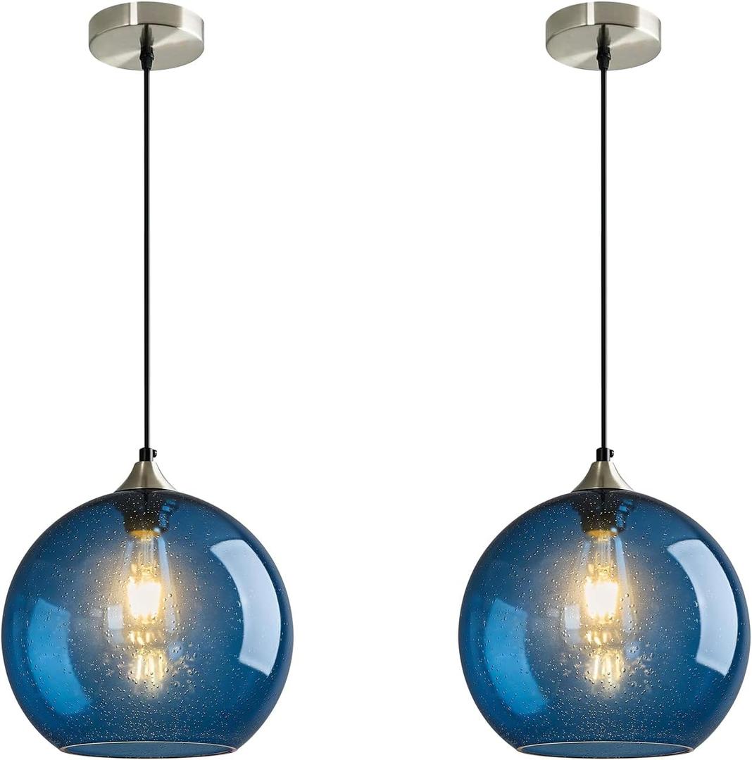 Modern 2-Pack Glass Globe Pendant Lights, Blue Modern Pendant Lighting for Kitchen Island, Clear Glass Hanging Lamps for Dining Room Living Room Bedroom, Large 9.85 Inch Fixture (Bulbs Not Included)