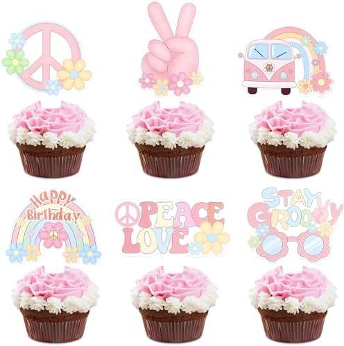 2 pack Ercadio 36 Pack Hippie Party Cupcake Toppers Glitter Peace Sign Cupcake Picks Peace and Love Dove Rainbow Cupcake Toppers for 60s Hippie Retro Theme Party Cake Decoration Supplies