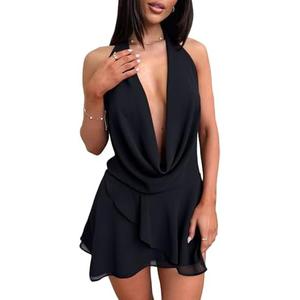 GOKATOSAU Women's Sexy Halter Plunge V Cowl Neck Low Open Back Irregular Ruffle Hem Mini Dress S