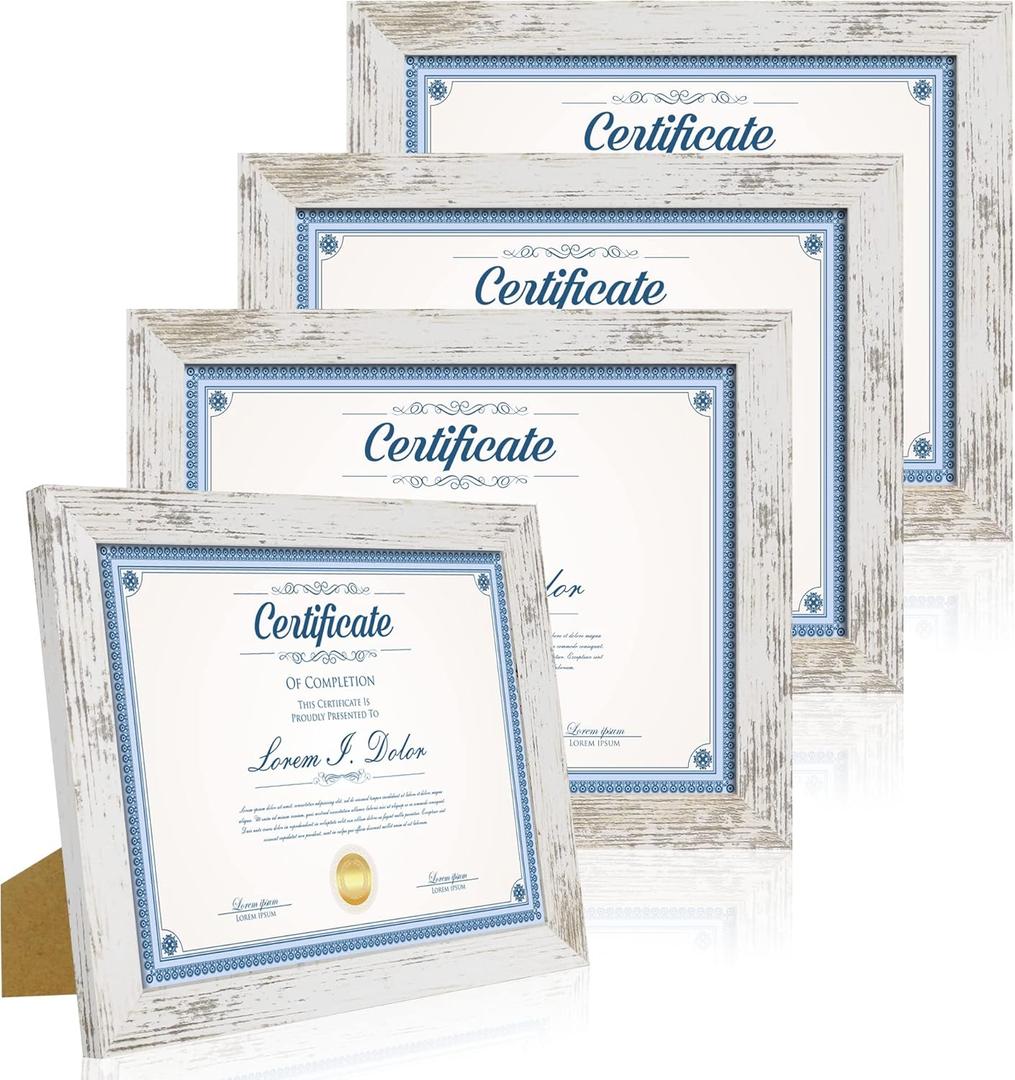 8.5 x 11 Picture Frame Set of 4, Made of Real Glass and Distressed White Certificate & Diploma Frame, 8.5 by 11 Photo for Wall or Tabletop - Display Picture 6x8 with Mat or 8.5x11 Without Mat