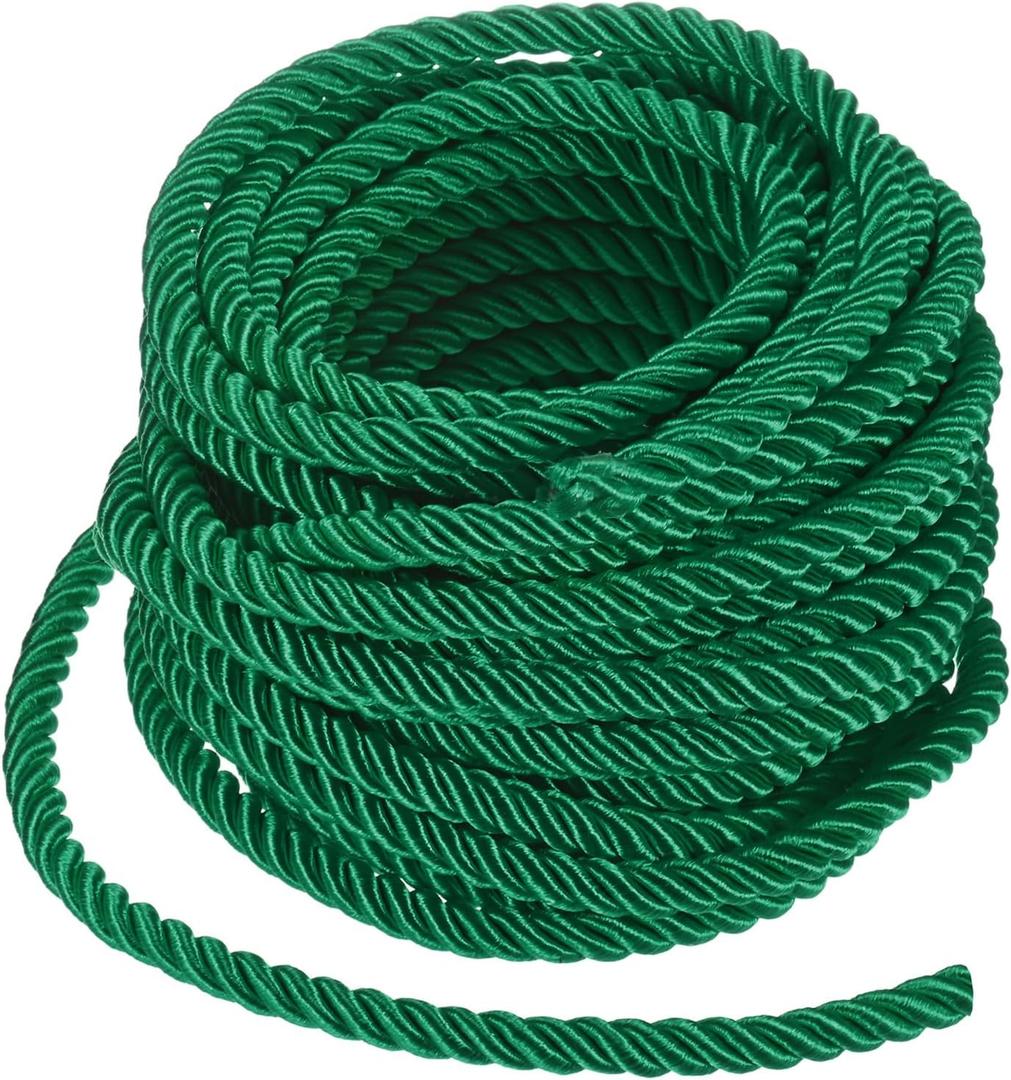 11 Yards Twisted Rope Trim, 8mm/0.31 in Dark Green Soft Polyester Twisted Silk Rope Cord 3-Ply Decorative Cord for Gift Bag/DIY Crafts/Home Decor/Curtain Tieback