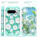 Hocase for Google Pixel 9 Pro XL Case, Shockproof Heavy Duty Protection Hard Plastic+Silicone Rubber Bumper Hybrid Protective Case for Google Pixel 9 Pro XL 6.8" 2024 - White Flowers in Teal