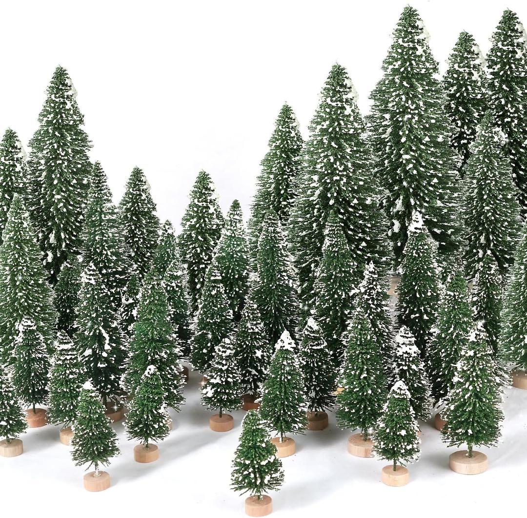 30pcs Mini Christmas Trees, Artificial Christmas Pine Tree Mini Bottle Brush Trees Tabletop, Small Sisal Trees with Wooden Bases, Xmas Holiday Home Decor (Green)