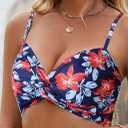 SEAFORM Women's Halter Bikini Tops Push Up Floral Print Swimsuits Top Bow Tie Back Beach Bathing Suits Tops with Padded (Blue)