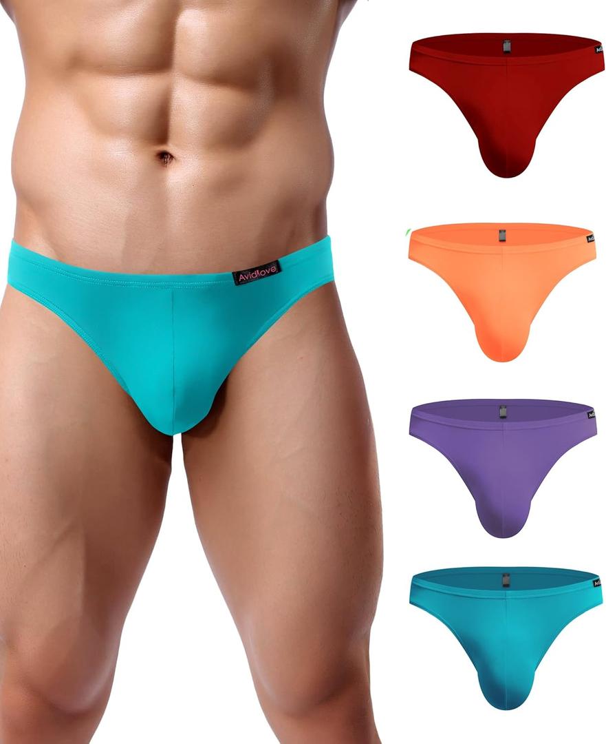 Avidlove Mens Bikini Underwear Low Rise Briefs Microfiber Underpants 4 Pack (Large, Blue/Orange/Light Purple/Dark Red)