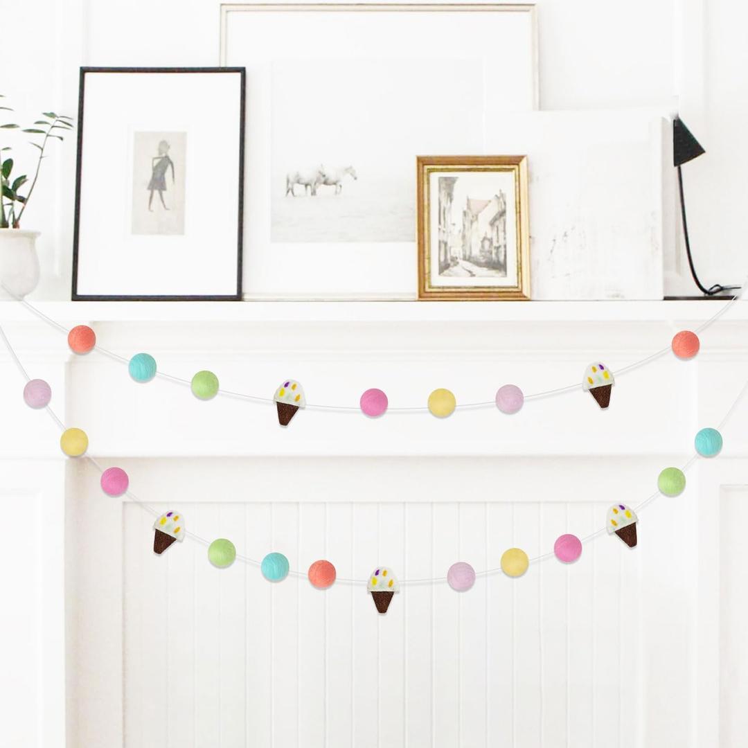 Ice Cream Felt Ball Garland, Colorful Ice Cream Pom Pom Garland for Summer Party Favor Decorations