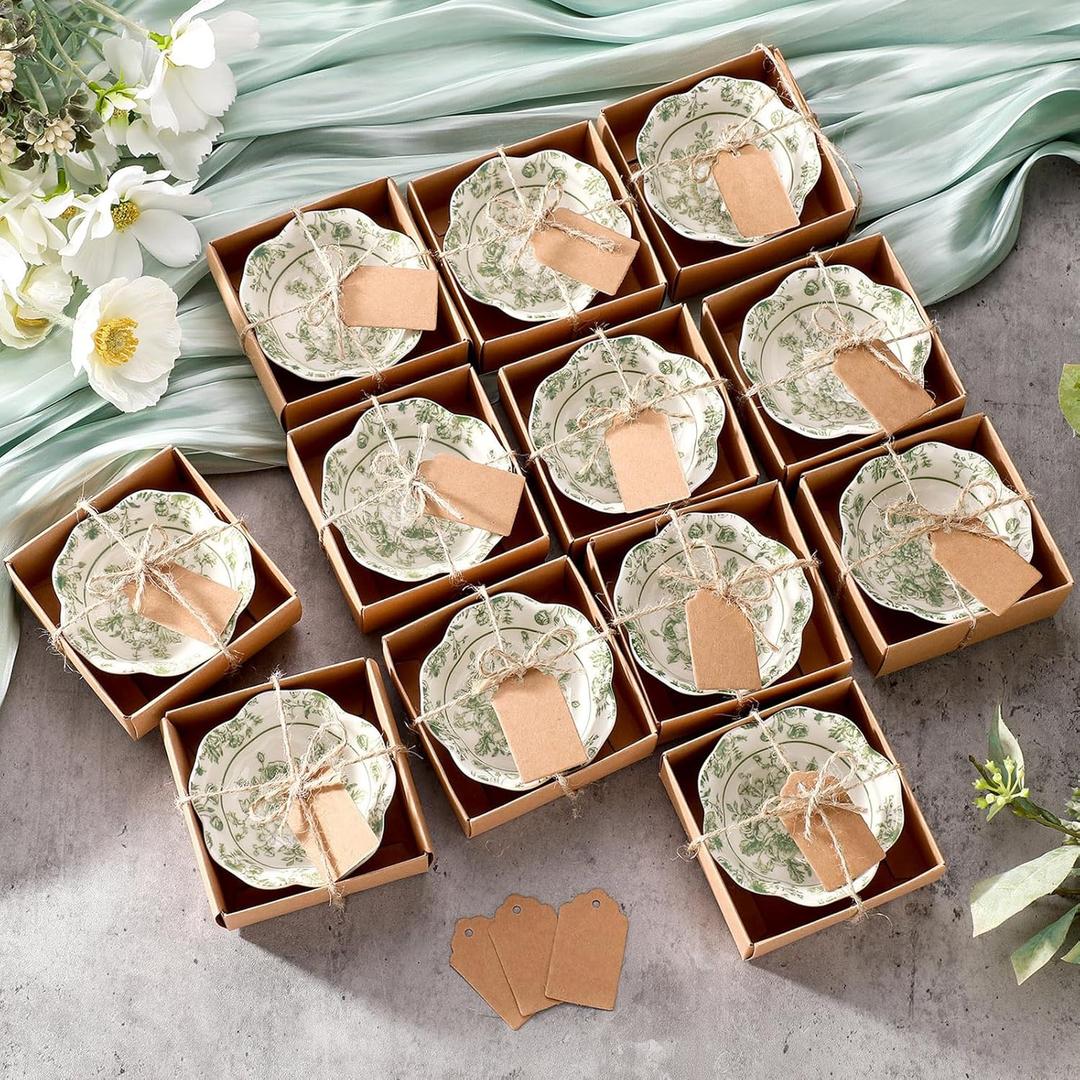 SiliFine 12 Pcs Wedding Favors for Guests Small Ceramic Bowl Bulk Gifts Set 3.3 Inch Floral Design Mini Dipping Sauce Dish with Card Box for Bridal Pooja Baby Shower Birthday (Flower,Sage Green)