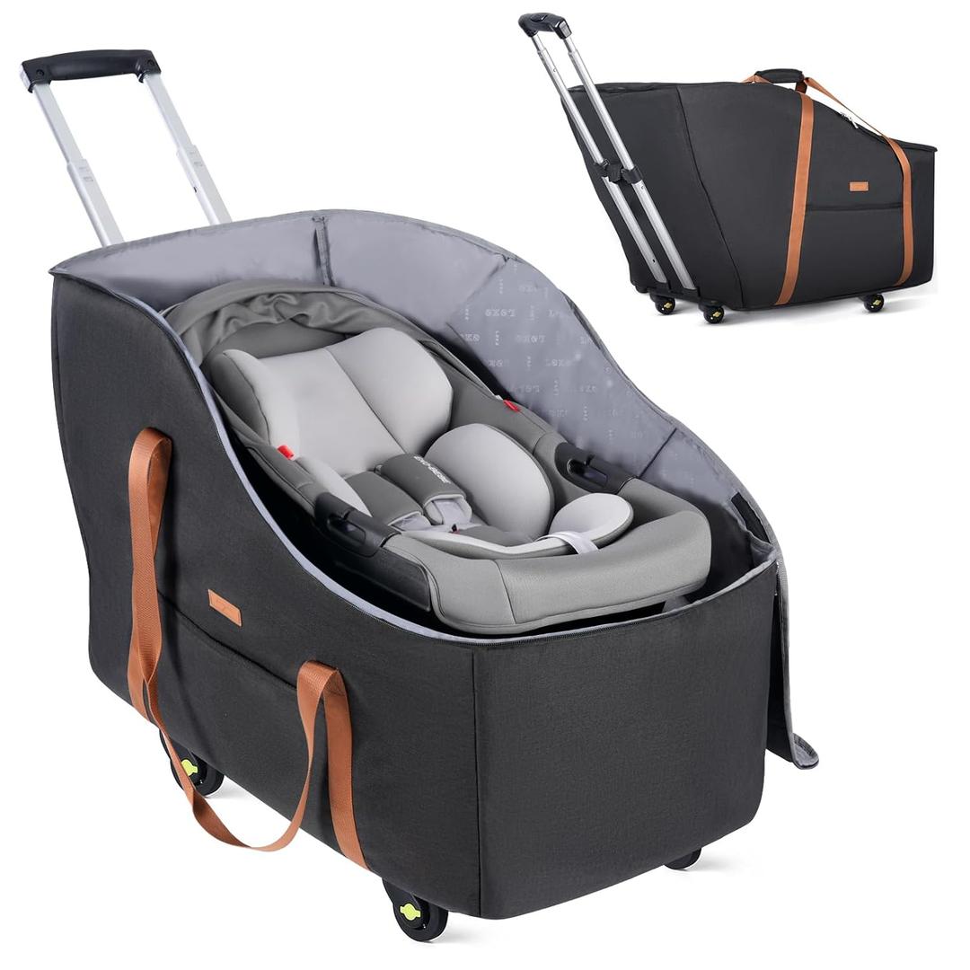 Infant Car Seat Travel Bag with Wheels Fits Chicco KeyFit 35, Doona Car Seat Stroller Base, Nuna Pipa, Padded Car Seat Bags for Airplane, Gate Check Bag, Removable Cover for Air Travel,Black-L