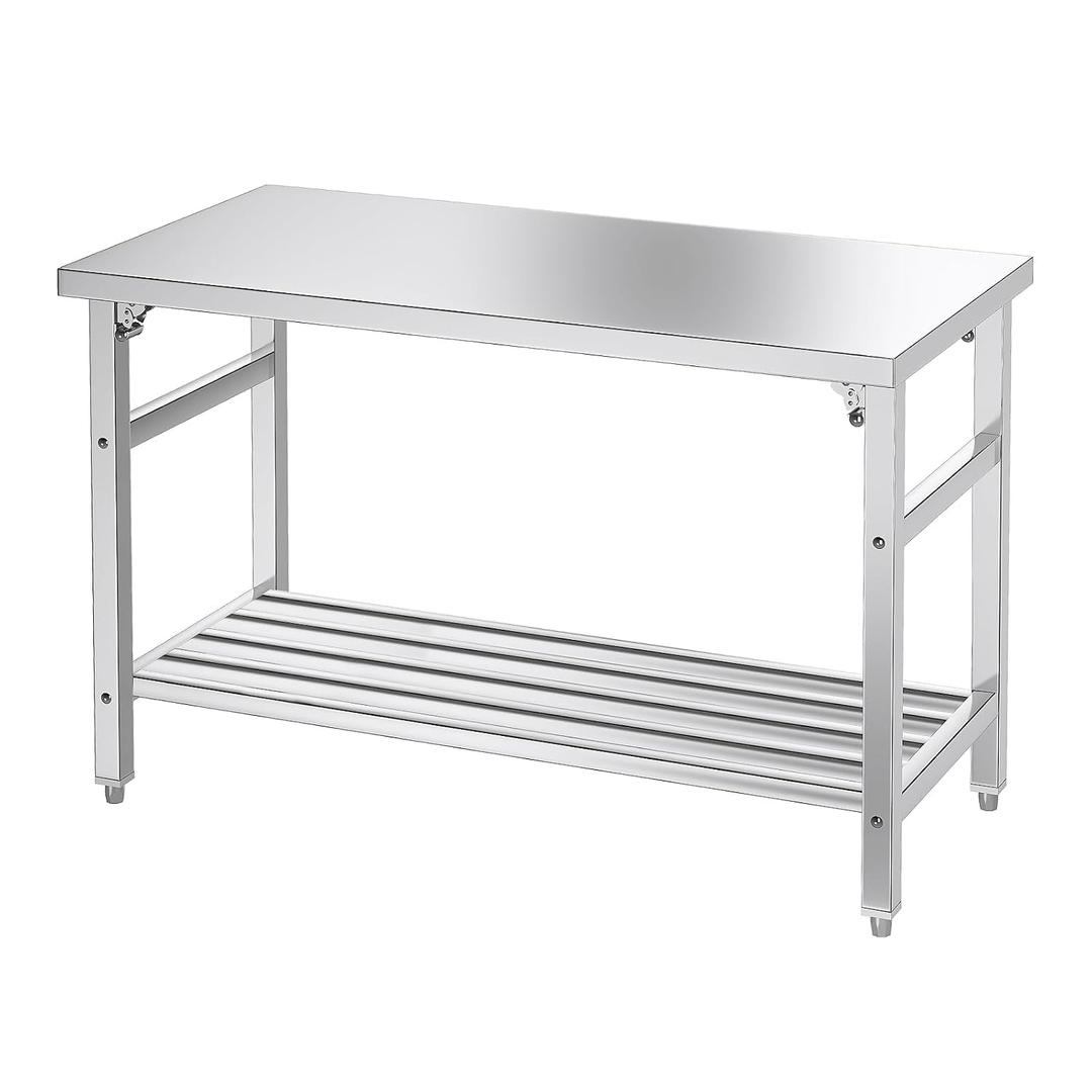 Commercial Foldable Heavy Duty Stainless Steel Table, 48 x 24 Inches Metal Prep & Work Desk with Adjustable UnderShelf and Feet for Kitchen Restaurant Home Garage Warehouse