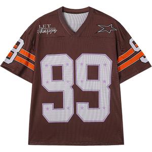 Oversized Jersey Shirts for Men Women Graphic Tees Y2k Tops V Neck Short Sleeve Summer Fall Tshirts Fashion Clothes (Medium, Brown)